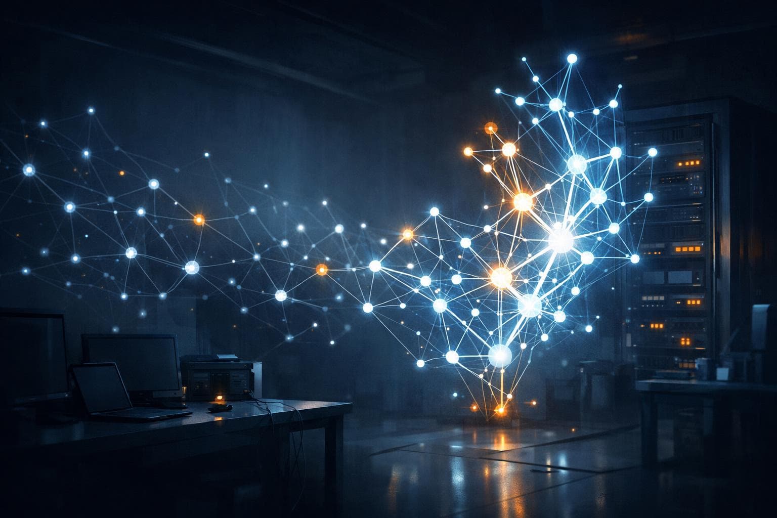Abstract network of glowing AI agent nodes forming a recursive loop in a dark research setting.