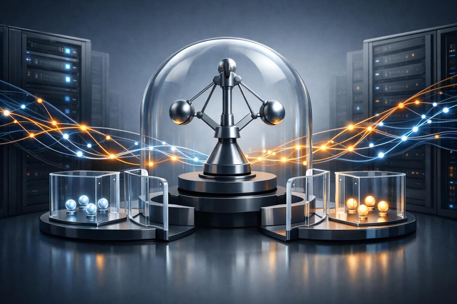 Abstract AI infrastructure passing through a transparent control mechanism, suggesting safety limits on model development.