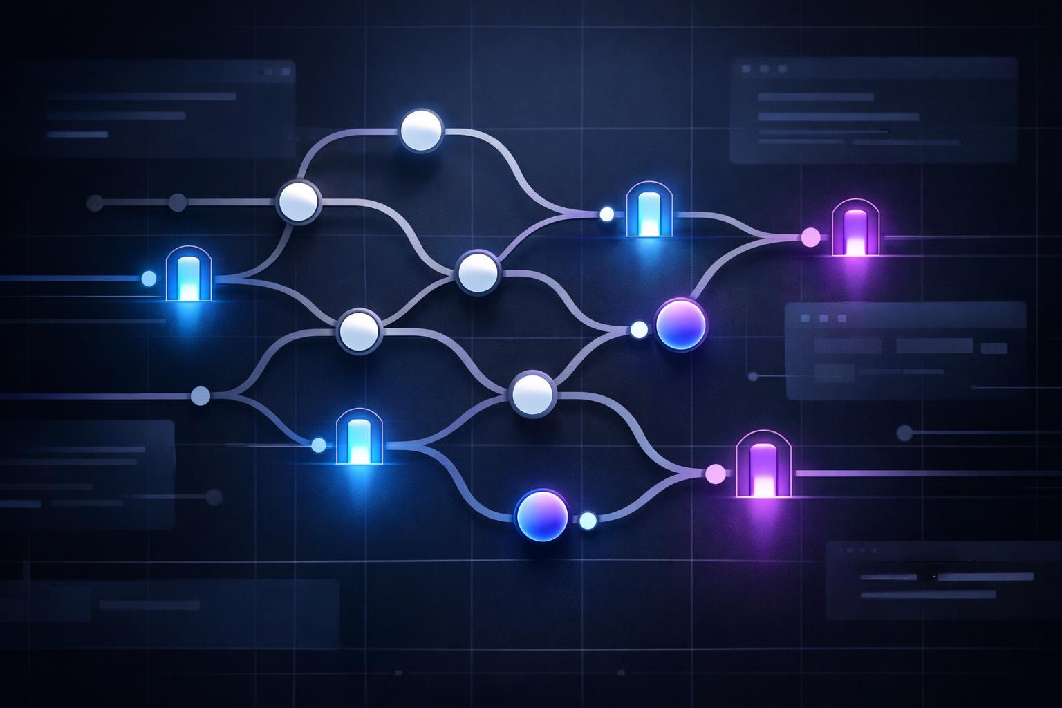 Abstract software decision engine with branching paths, probability nodes, and glowing gates.