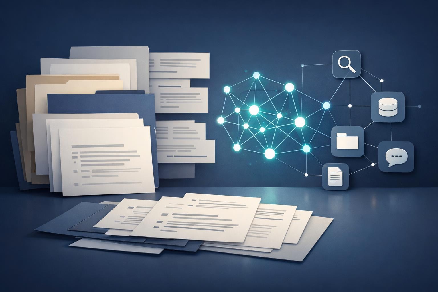 Abstract legal research workspace with documents, search nodes and governance controls.