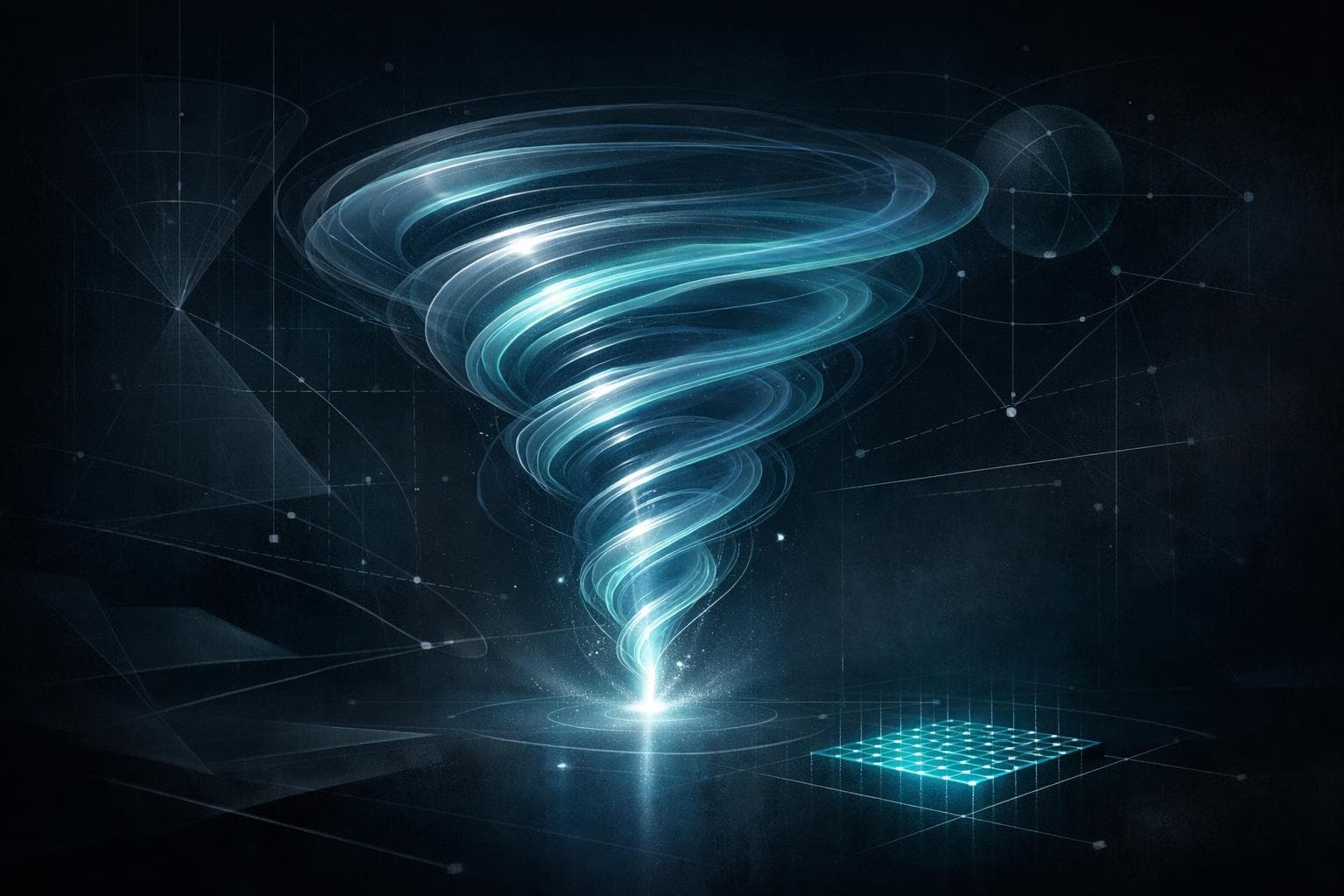 Abstract fluid vortex with geometric proof structures and a glowing verification grid.